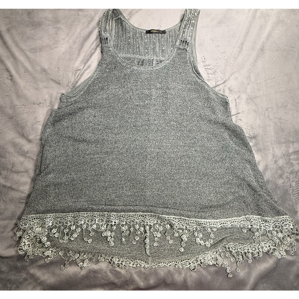 RADZOLI Woman's Knitted Green with Fringe Hem Tank Top Size Large